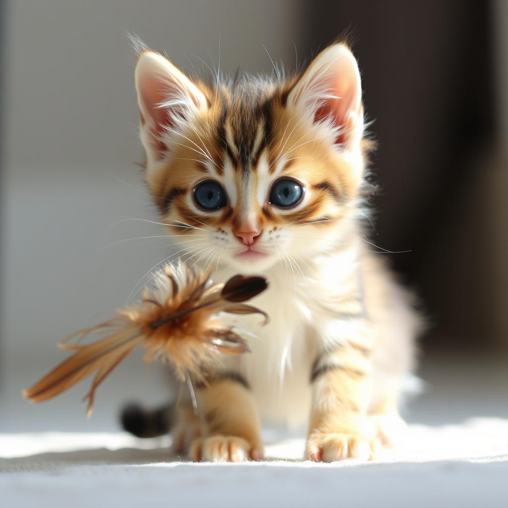 An energetic 8-week-old domestic shorthair kitten playing with a feather toy.