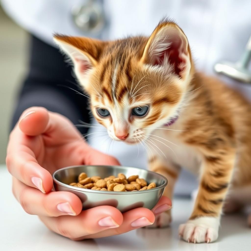 Hands offering a small bowl of kitten food to a young domestic shorthair kitten.