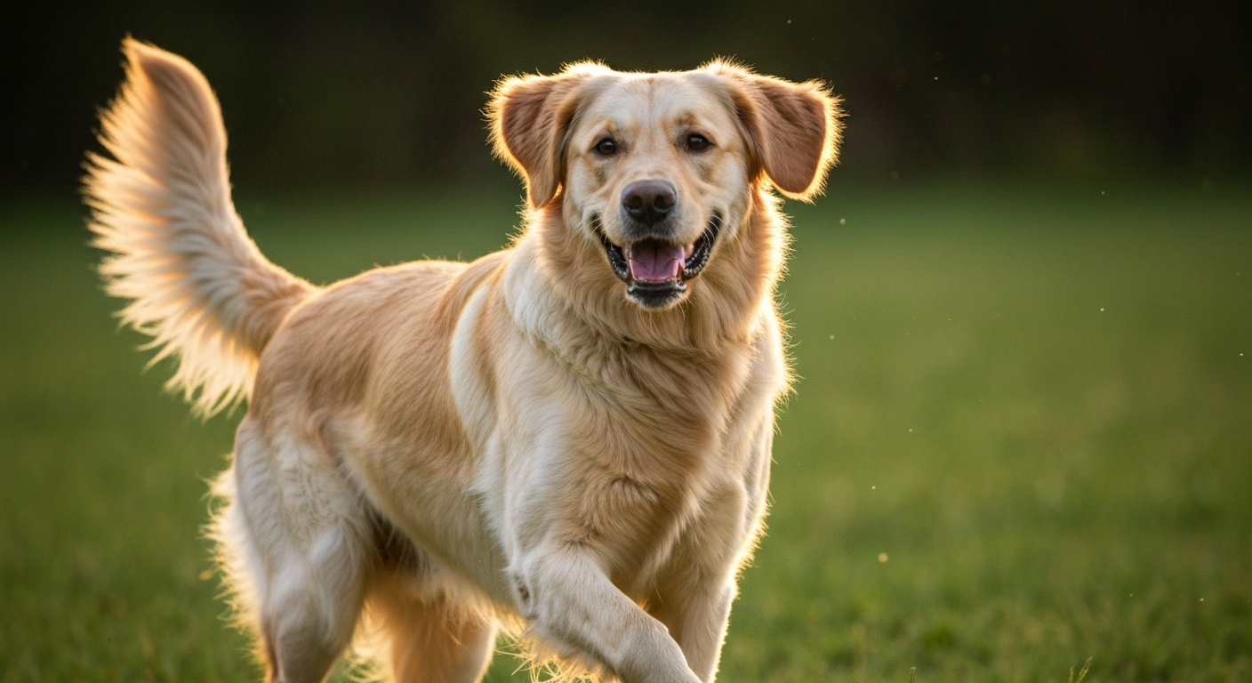 A beautiful yellow Labrador Retriever running happily across a vibrant green meadow during sunset.