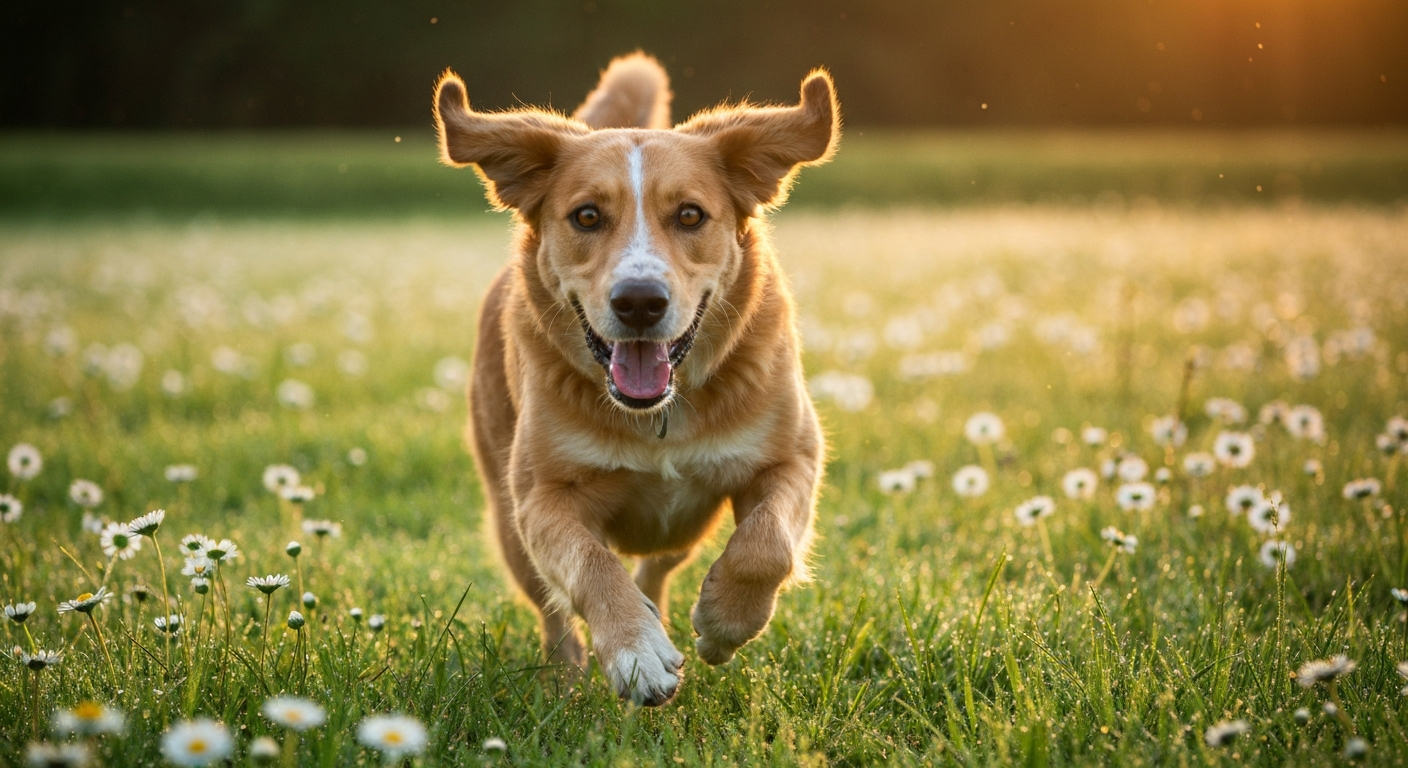 A beautiful yellow Labrador Retriever running happily across a vibrant green meadow during sunrise.
