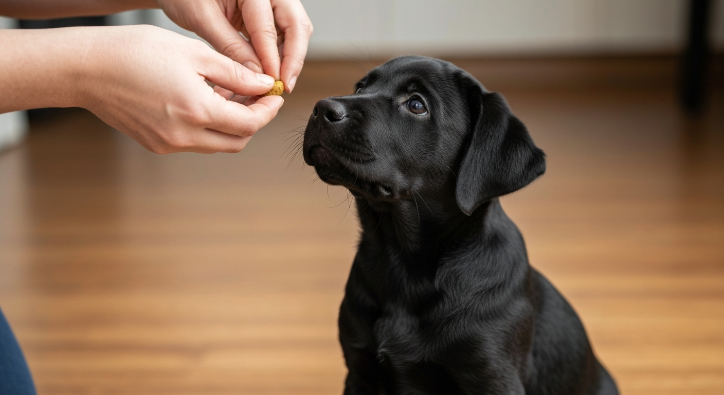 A person gives a treat to a small black Labrador puppy that is sitting obediently on a wooden floor.