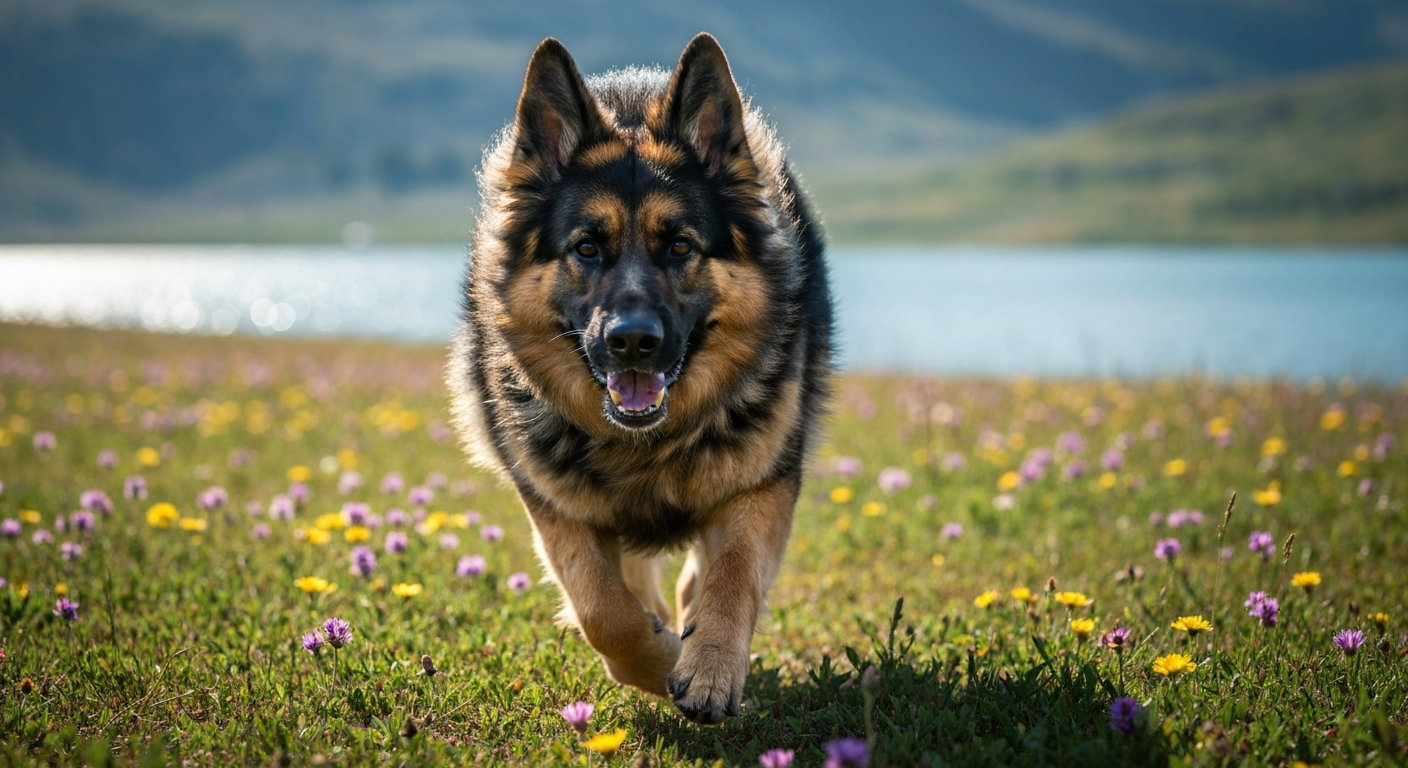 A happy yellow Labrador Retriever and a Golden Retriever running side-by-side through a green field, both focused on a tennis ball in the air ahead of them.