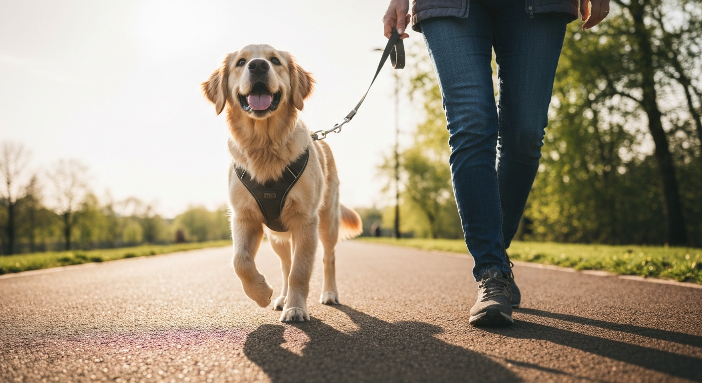 A happy Golden Retriever puppy in a harness walking on a loose leash next to a person's legs on a paved path in a green park.