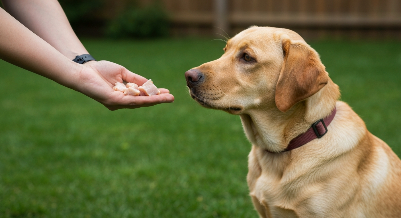 A person's hand gives a small piece of a treat to a Labrador Retriever puppy who is sitting calmly at their side on the grass.