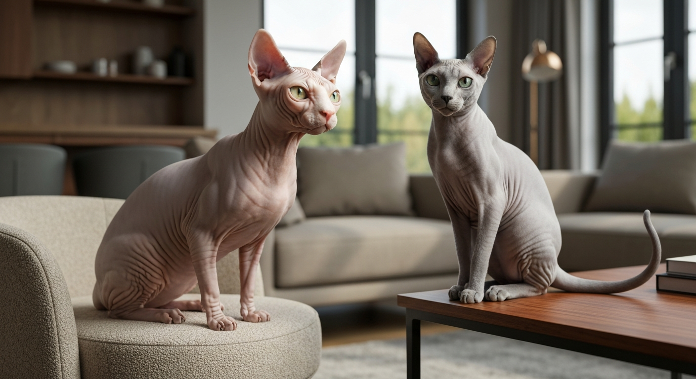 A hairless Sphynx cat and a grey Russian Blue cat with green eyes sitting together on a dark blue sofa.