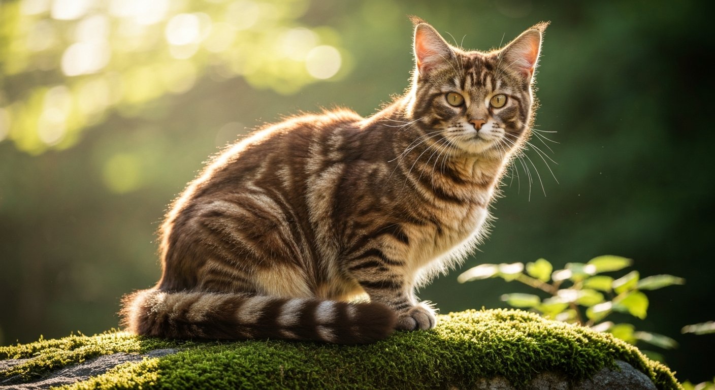 A large, fluffy brown tabby domestic Maine Coon cat sitting majestically on a moss-covered rock in a sunny forest.
