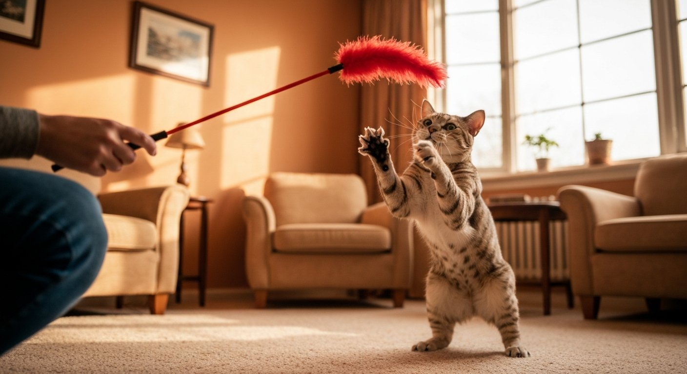 A close-up action shot of a long-haired domestic Maine Coon cat playfully swatting at a feather toy in a living room.