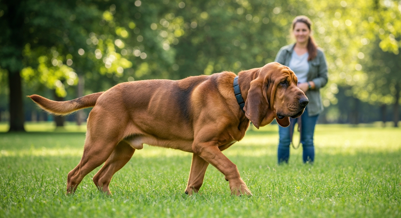 A close-up side profile of a Bloodhound dog sniffing the ground intently in a grassy area.
