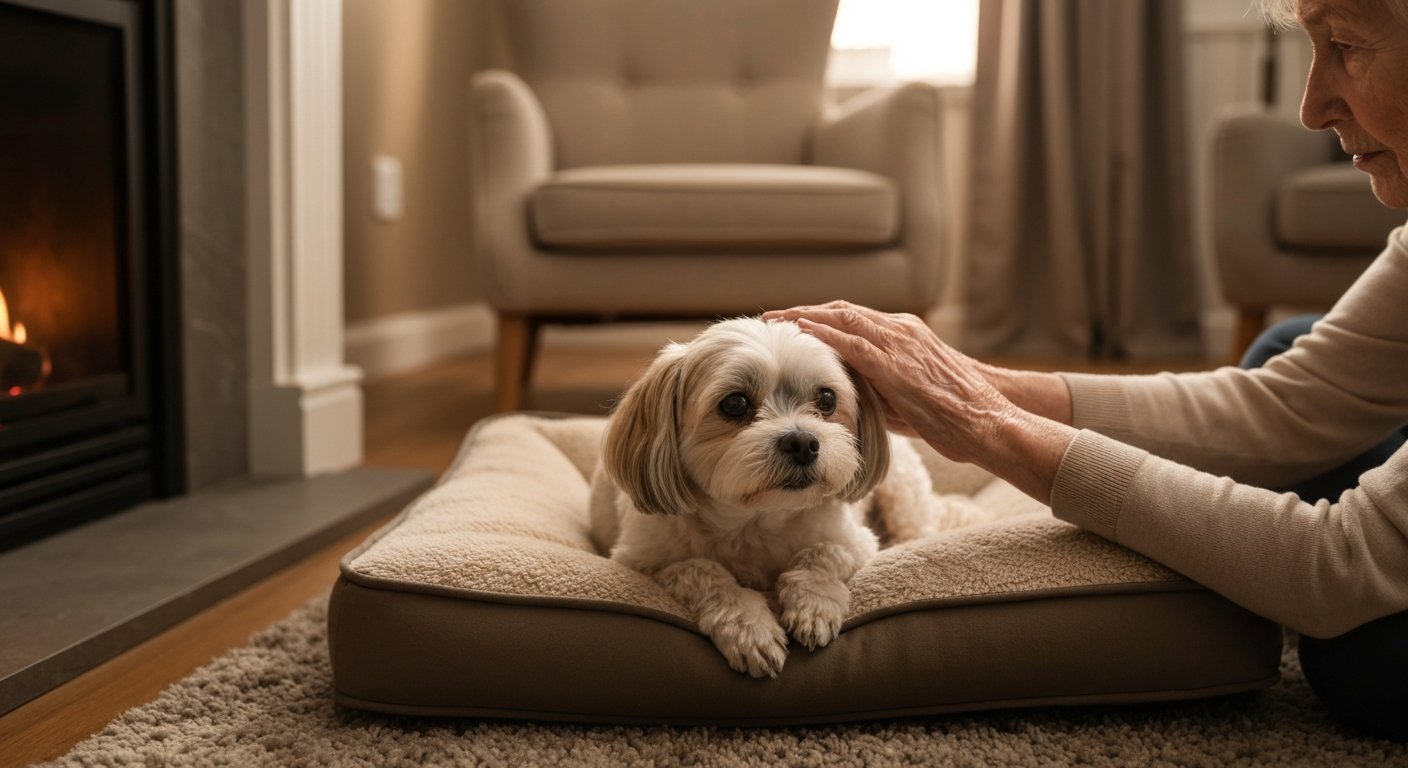 A senior Maltese dog with a gentle expression rests on a comfortable bed while a person's hand lovingly pets its head.