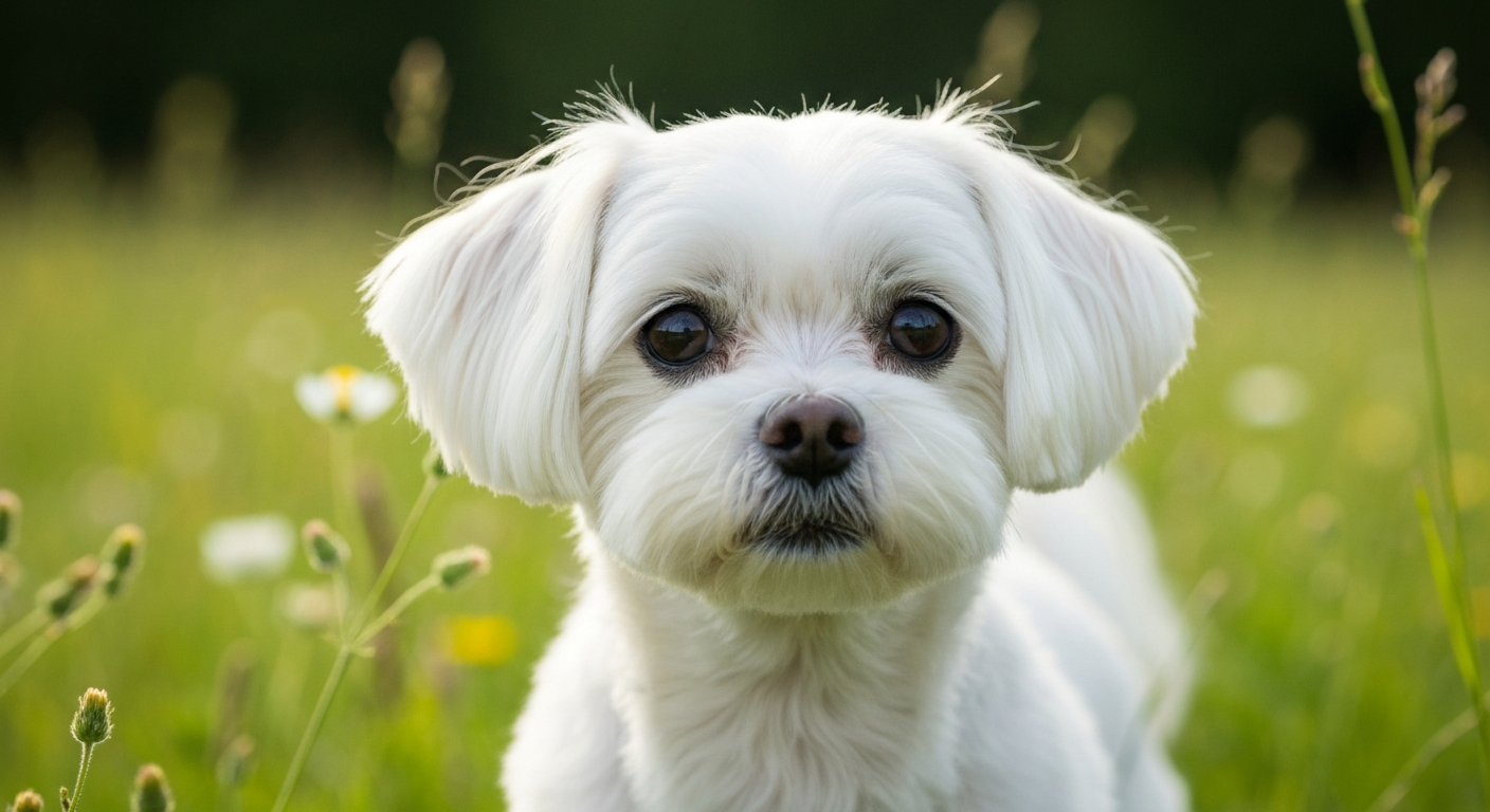 A beautiful white Maltese with a long, perfectly groomed coat sitting elegantly on a vibrant green grass field.