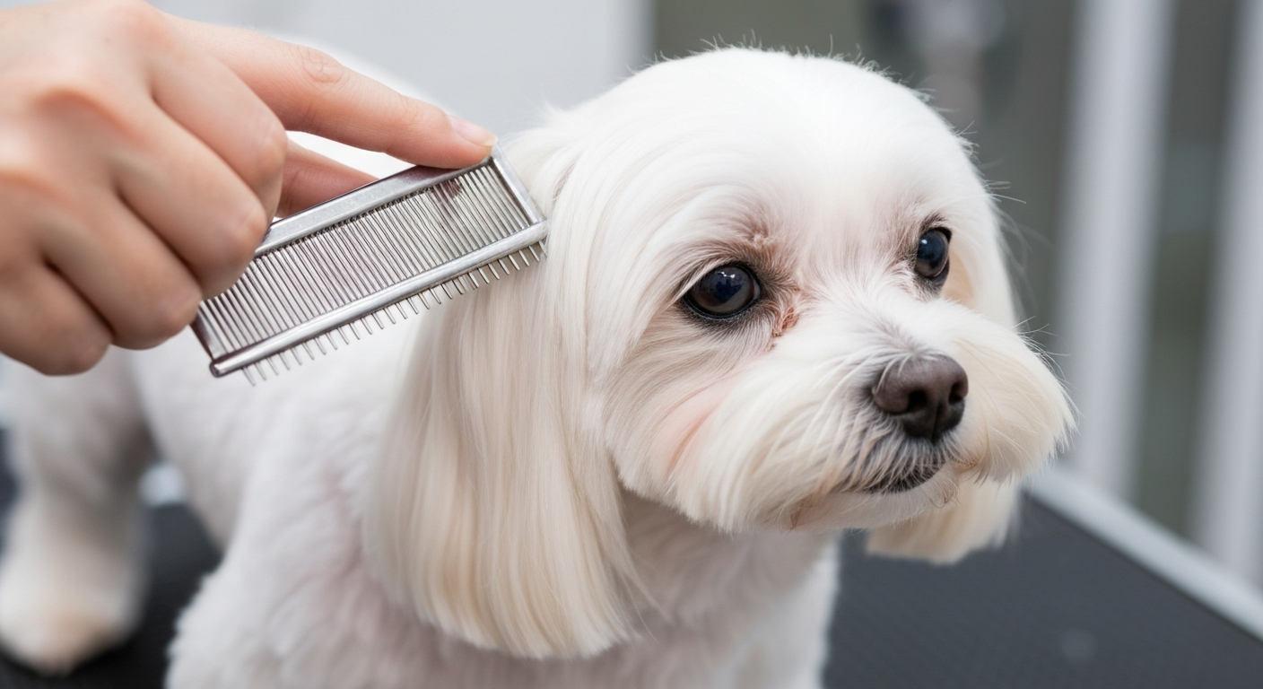 A person carefully combing the white fur around the eye area of a Maltese dog to clean it.