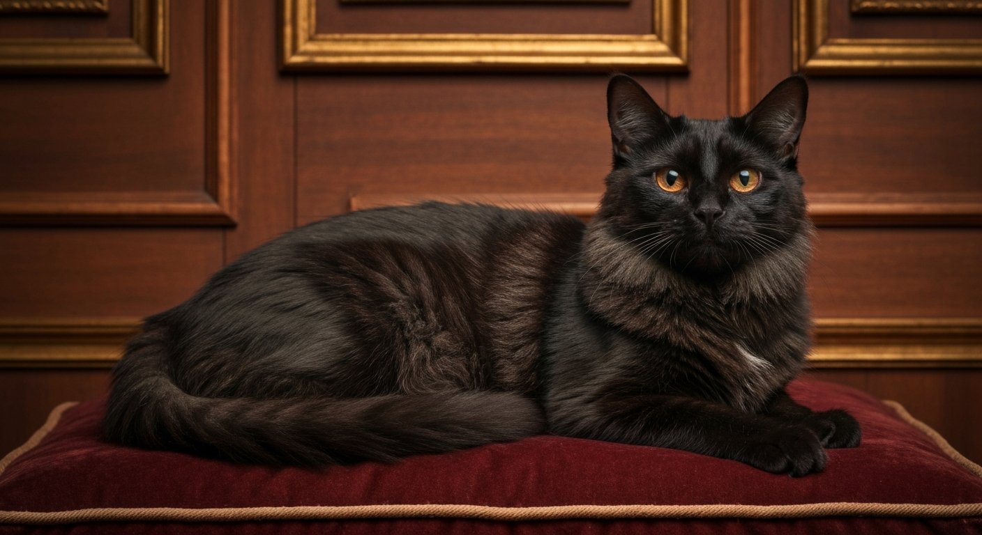 A beautiful long-haired calico Manx cat with no visible tail, perched on an old stone wall overlooking a dramatic, misty sea cliff.