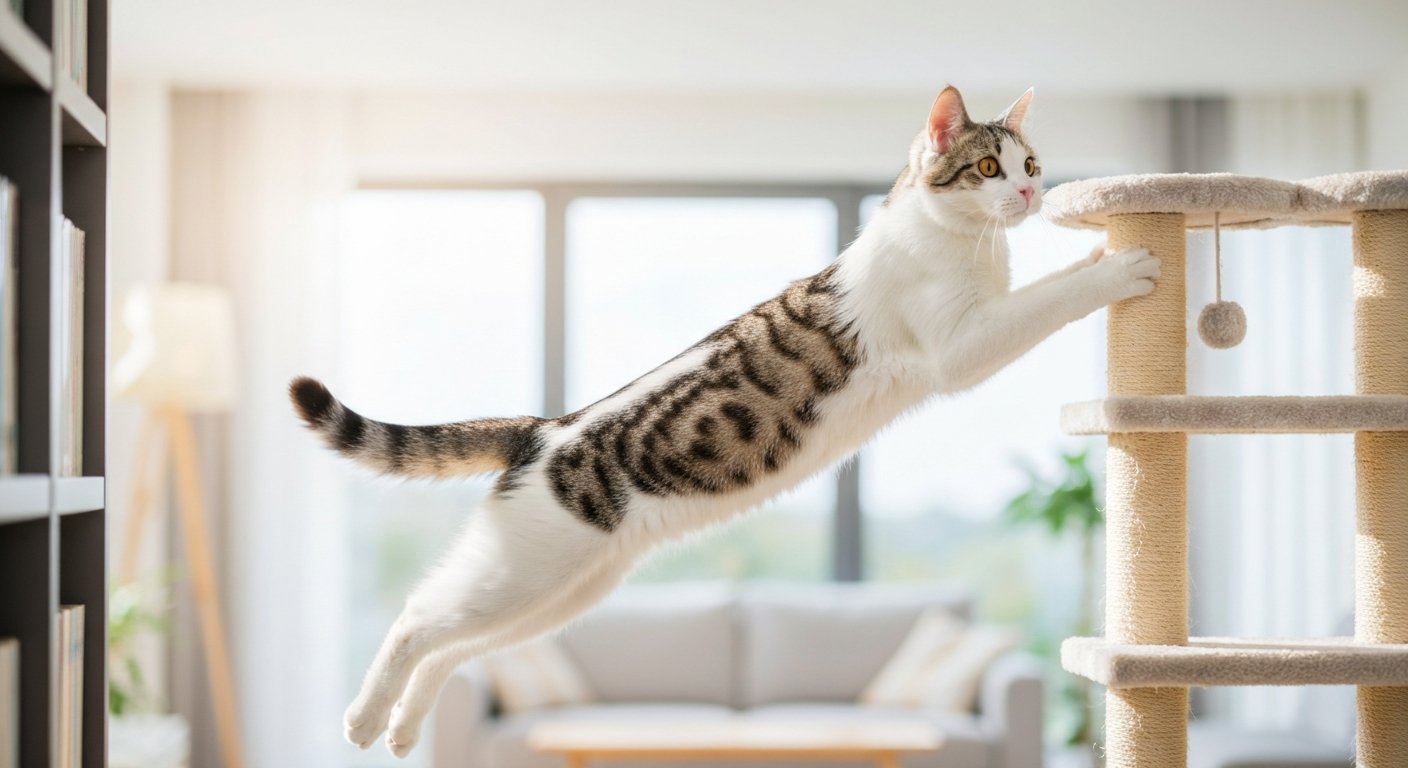 A brown tabby Manx cat with powerful hind legs is frozen in mid-air as it jumps between two pieces of furniture inside a home.