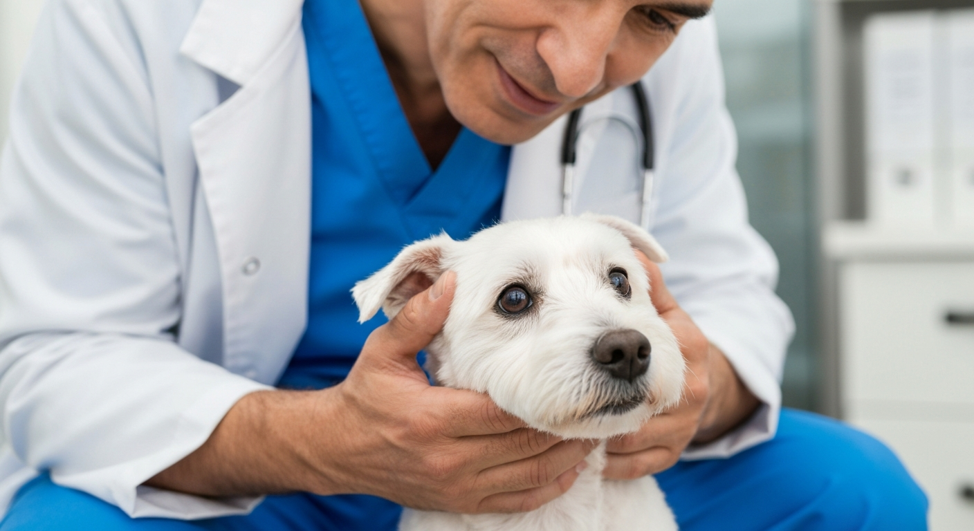 A veterinarian in blue scrubs holds a handheld scanner over the back of a black Labrador dog.