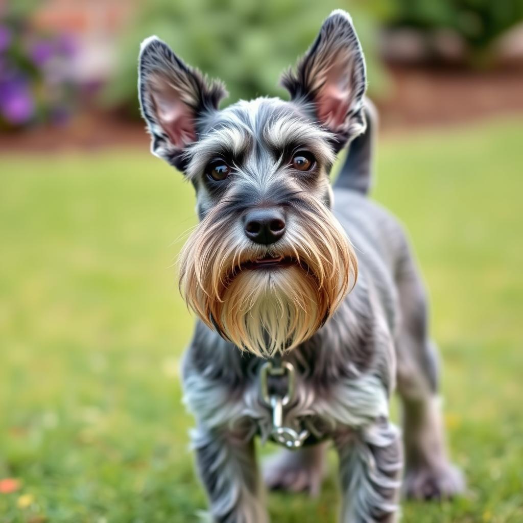 A Miniature Schnauzer with a distinguished beard stands alertly on a green lawn.