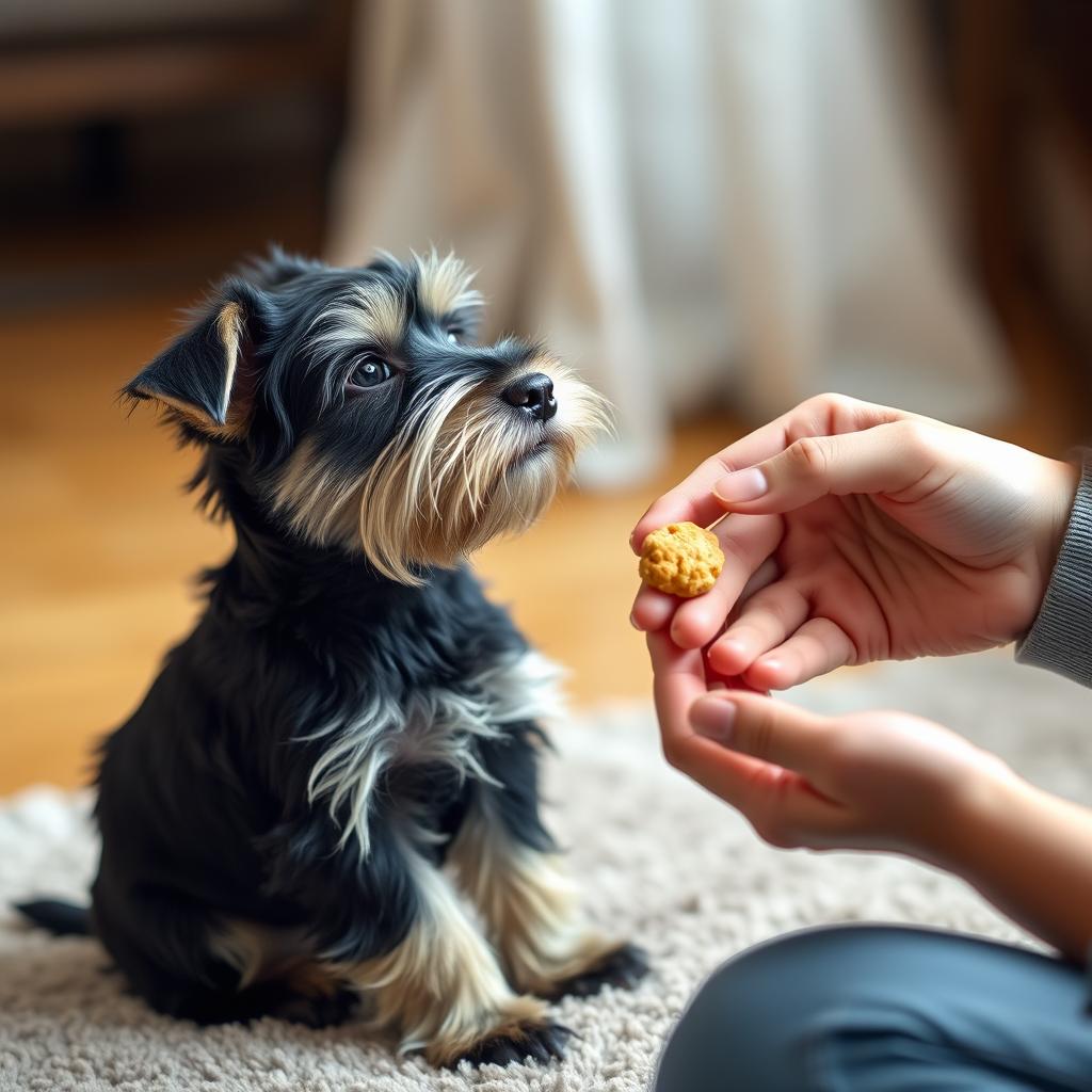 A Miniature Schnauzer puppy sits patiently, looking up at its owner holding a treat during a training session.