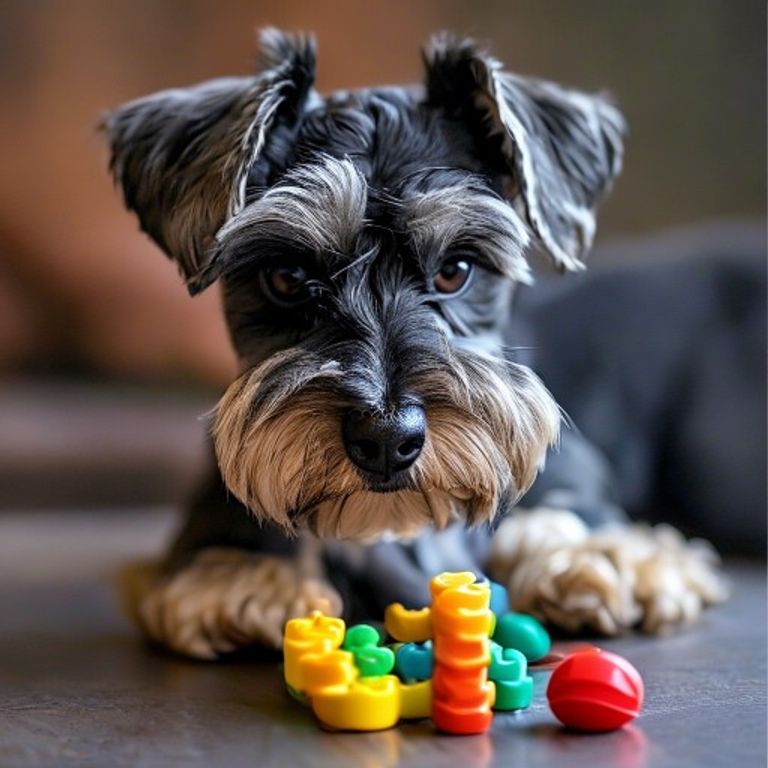 A Miniature Schnauzer interacting with a canine puzzle toy designed for mental enrichment.