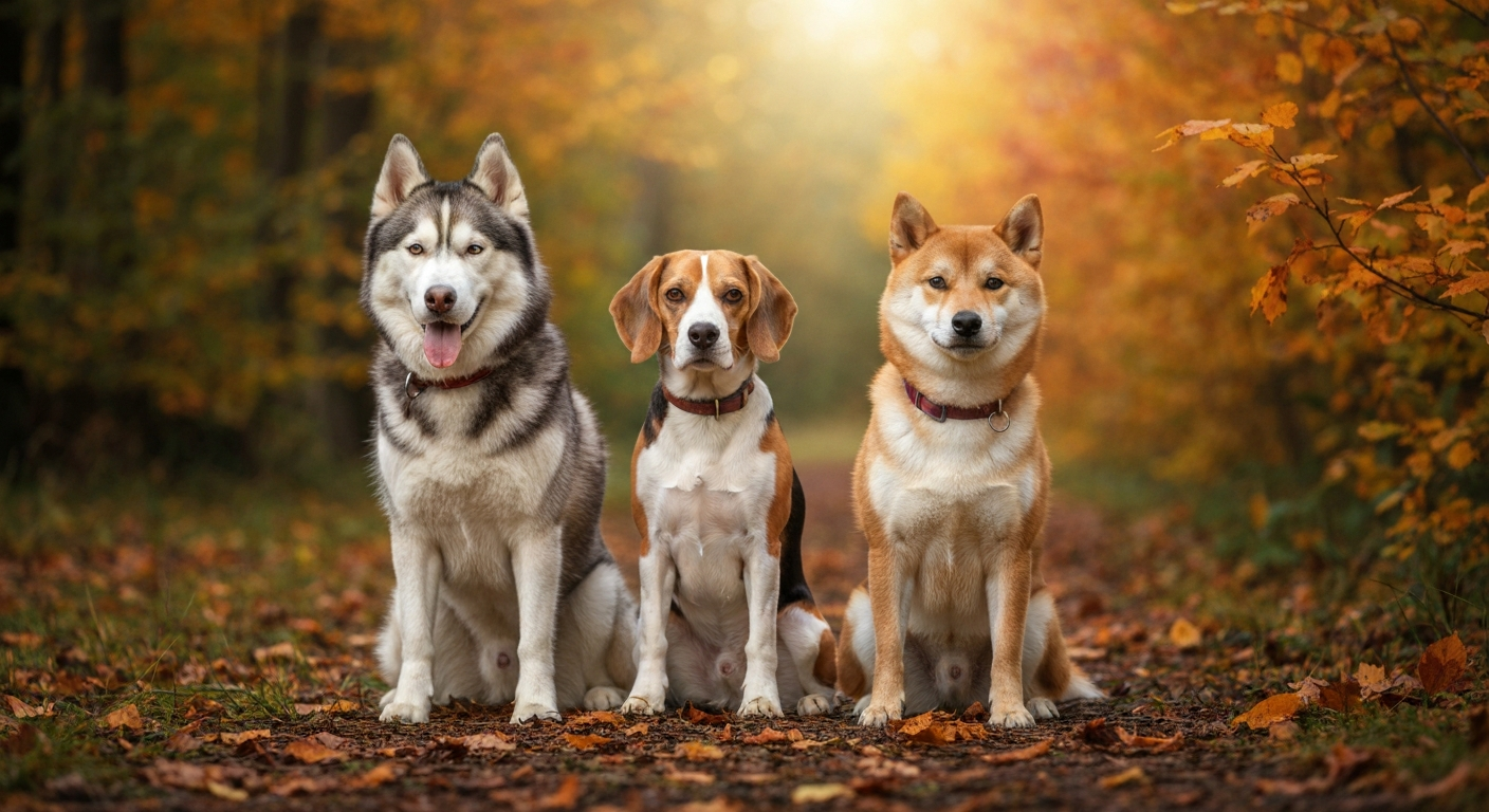 A Siberian Husky, a Beagle, and a Shiba Inu sitting together outdoors in a beautiful, sunlit forest during autumn.