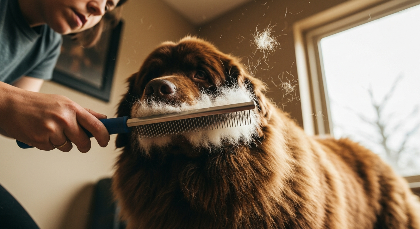 Extremely detailed 8k photograph, close-up shot from a low angle. A caring owner is line brushing th