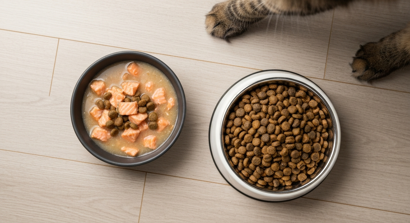 Two cat food bowls sit on a wood floor, one with wet salmon food and the other with dry kibble, with a cat's paws nearby.