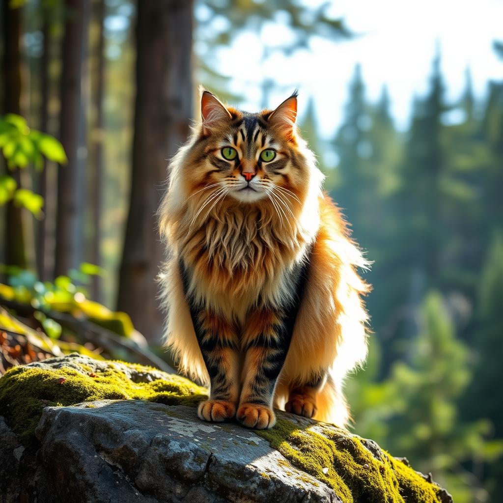 A large Norwegian Forest Cat with a dense, double coat and striking green eyes stands proudly on a moss-covered rock in a forest setting.