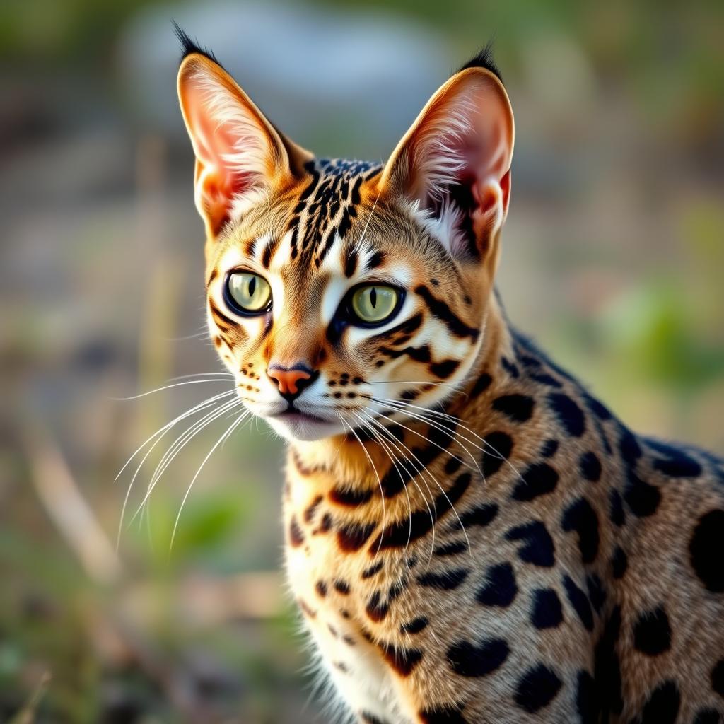 A spotted Ocicat cat standing alertly on a sunlit wooden deck, its coat displaying intricate patterns.