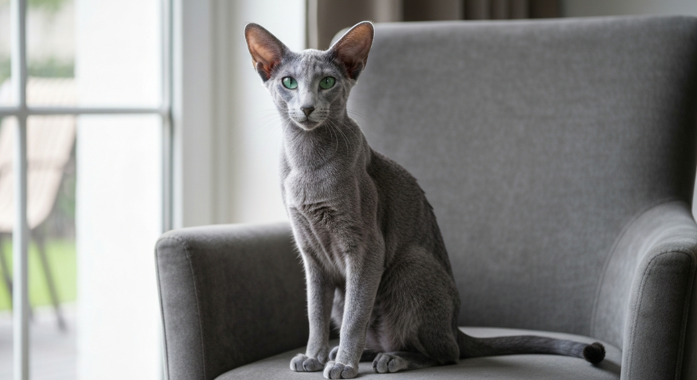 A sleek, solid grey Oriental Shorthair cat with large ears and bright green eyes sitting regally on a dark green velvet chair.