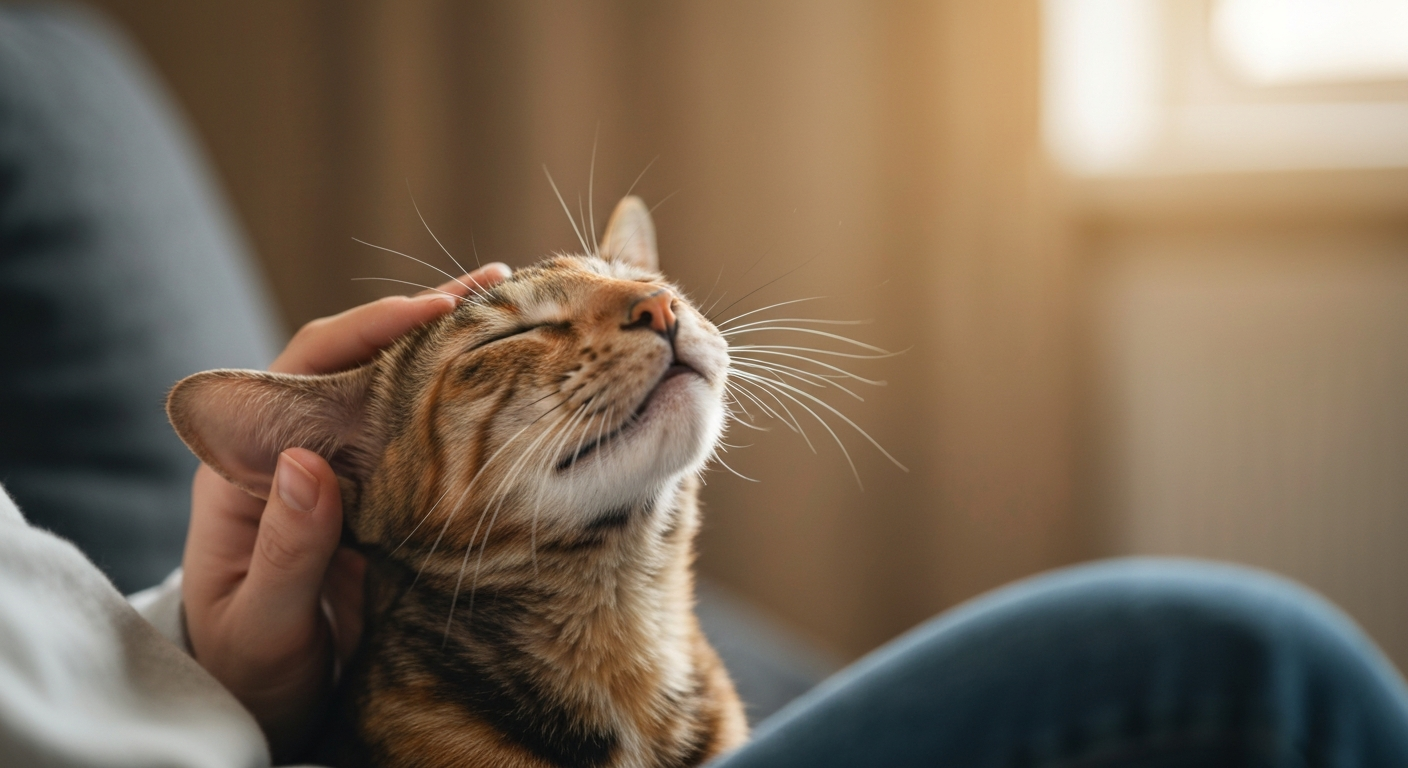 A person's hands gently petting a multi-colored tortoiseshell Oriental Shorthair cat that is relaxing on their lap.