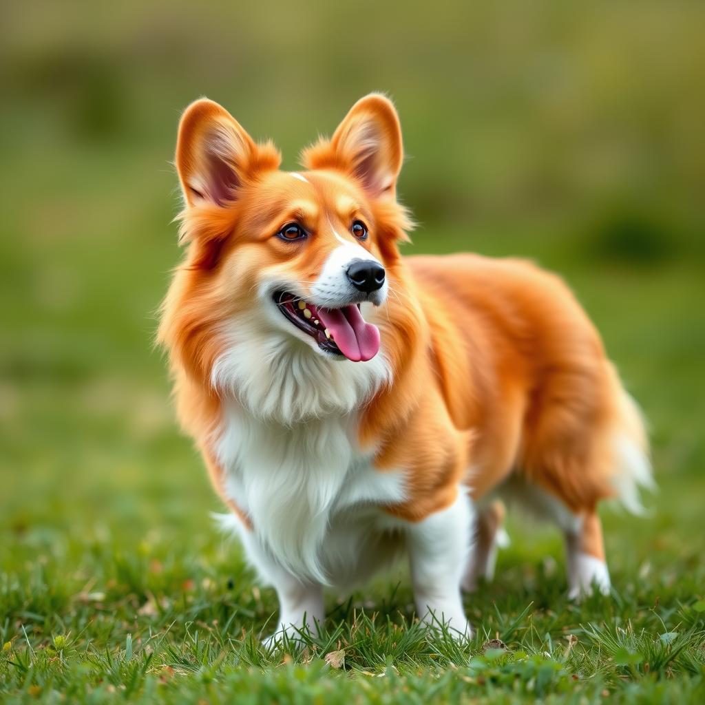 A Pembroke Welsh Corgi with a distinctive red and white coat stands happily on green grass, appearing alert and ready for activity.