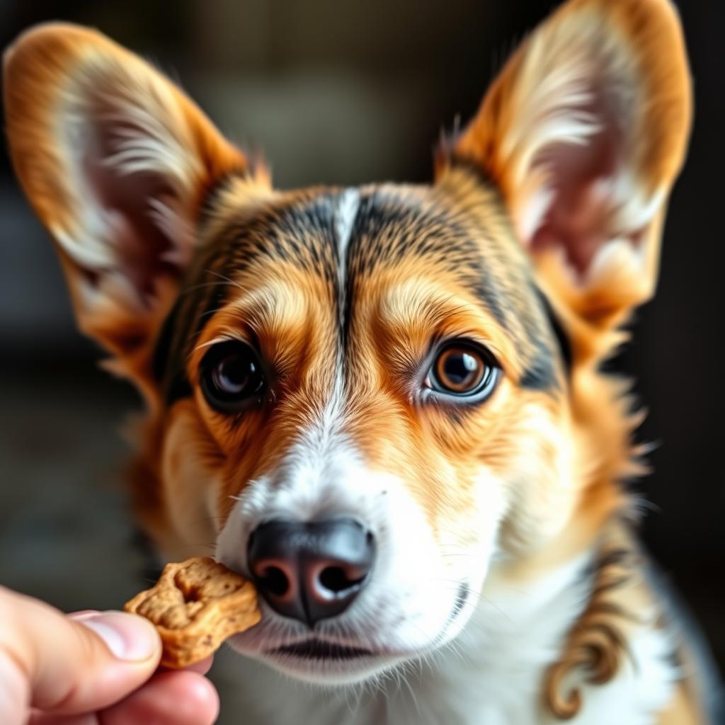 A Pembroke Welsh Corgi with alert ears and intelligent eyes looks attentively towards a treat.