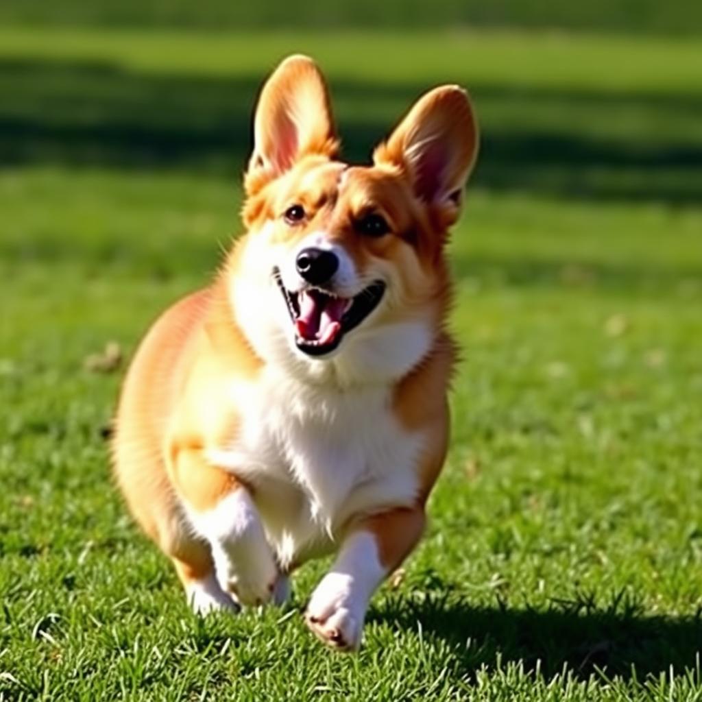 A Pembroke Welsh Corgi with its characteristic short legs and long body running joyfully across a green field.