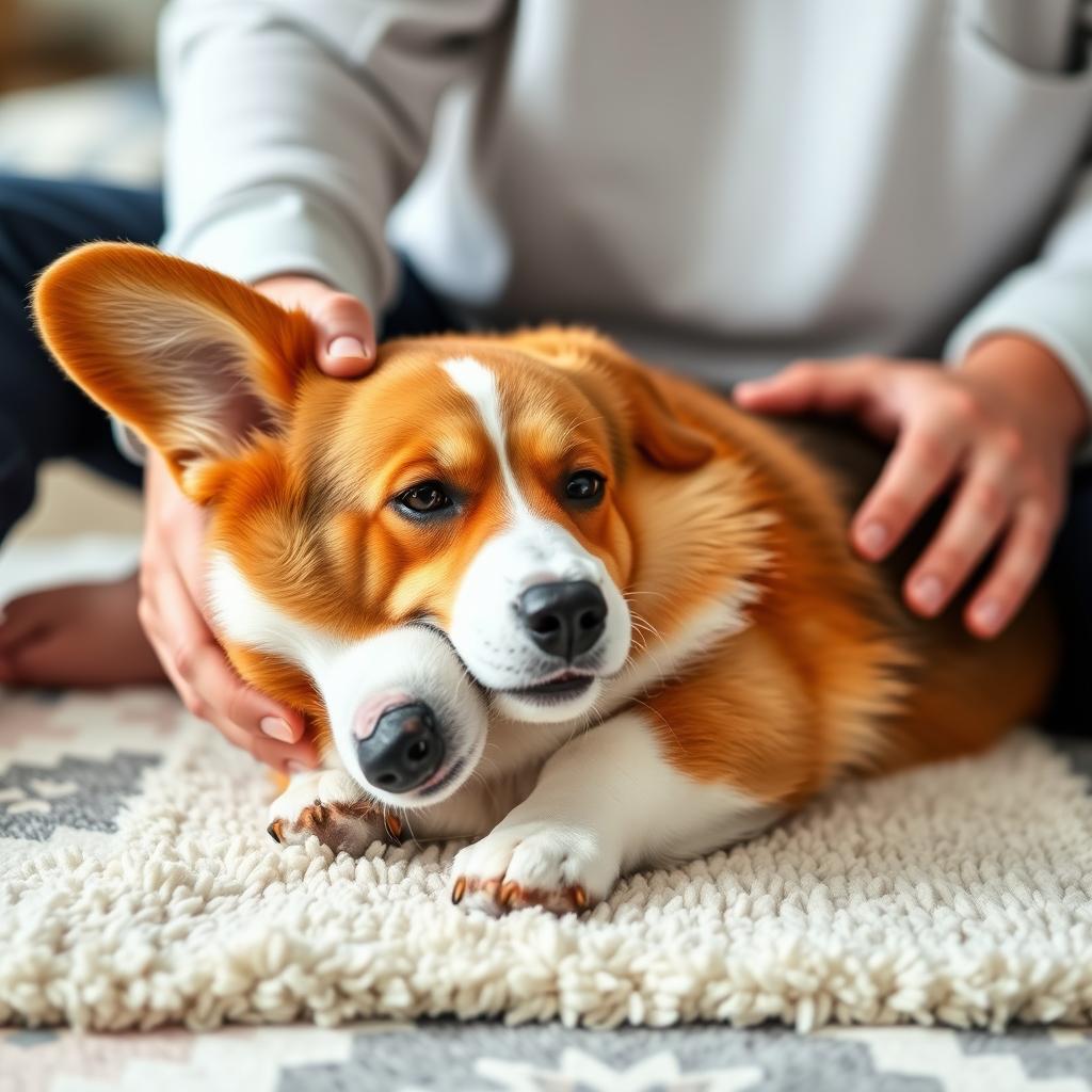 A person stroking the head of a Pembroke Welsh Corgi lying down on a rug.