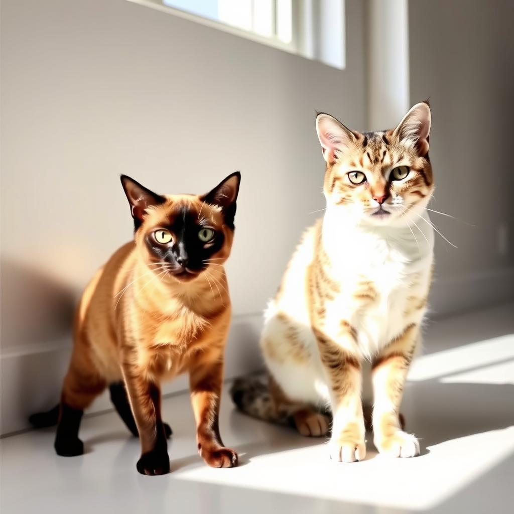 A sleek Siamese cat and an elegant Oriental Shorthair cat standing side-by-side, looking curious and ready to explore their surroundings.