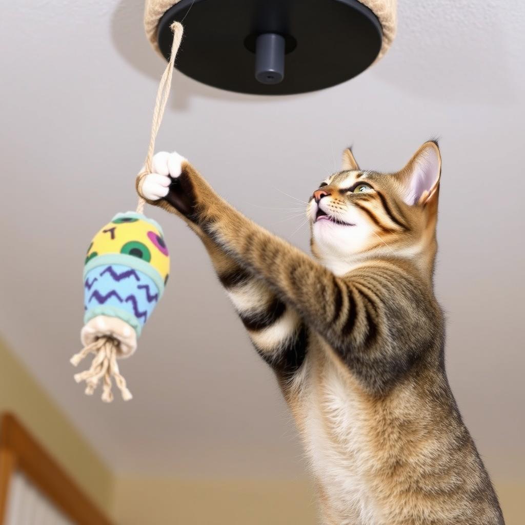 A tabby cat actively engaged with a hanging toy, showcasing safe and stimulating indoor play.