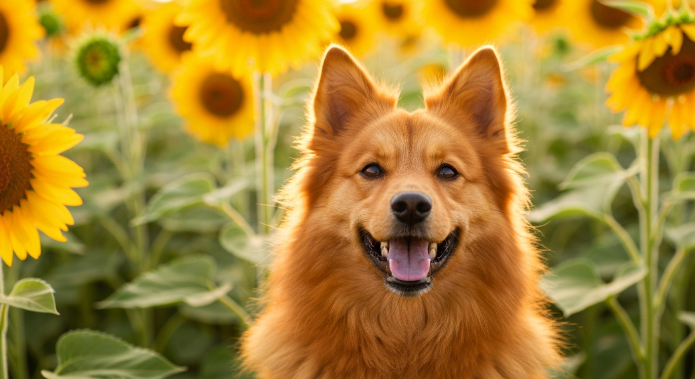 A happy and healthy orange Pomeranian sitting alertly in a vibrant green park filled with colorful flowers.