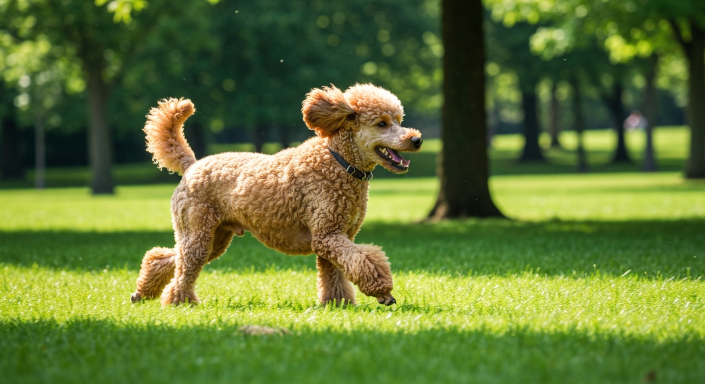An energetic apricot Standard Poodle with a show-style haircut running happily across a bright green lawn.