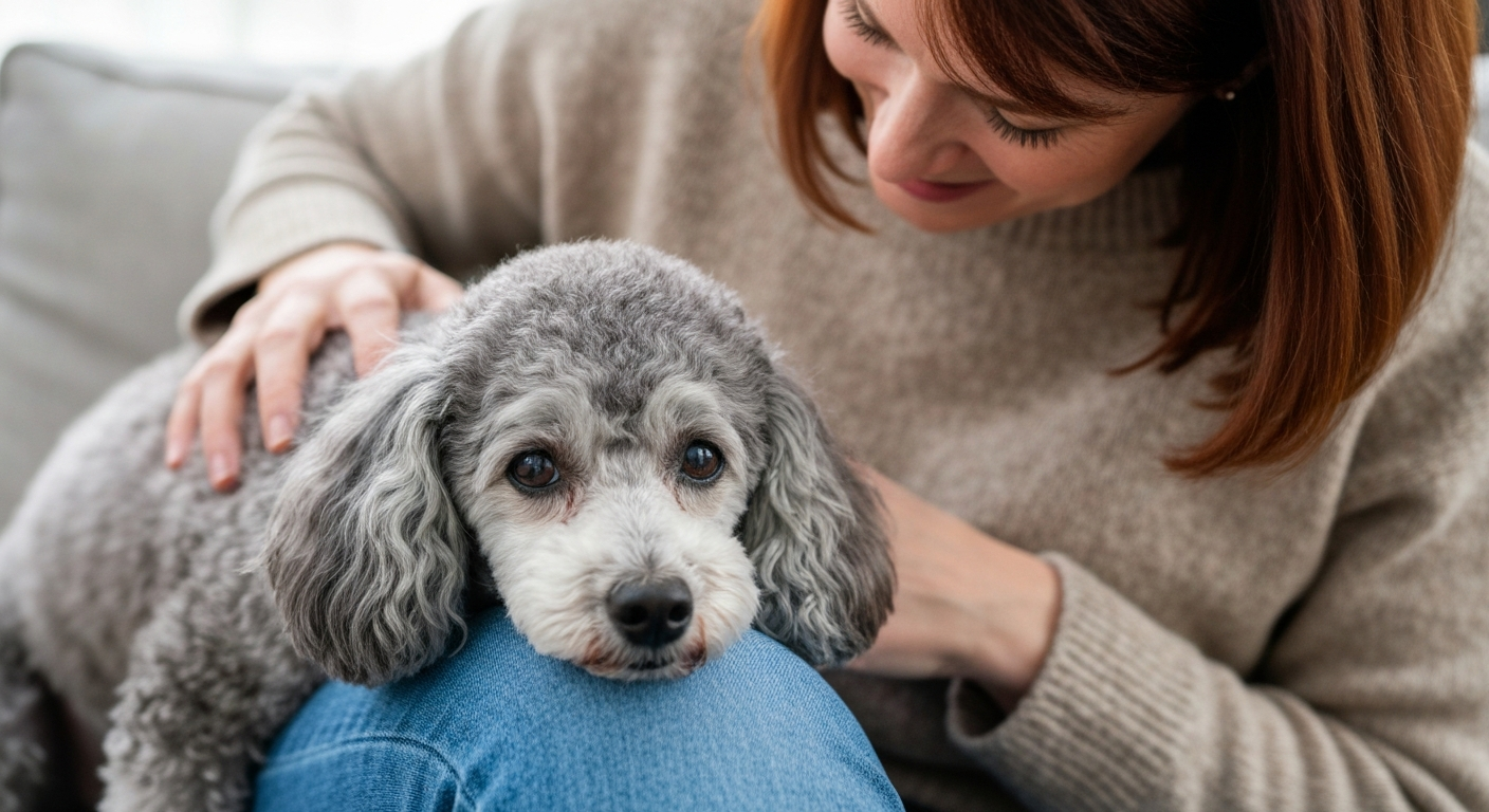 A close-up shot of a senior silver Toy Poodle with graying fur around its muzzle, resting peacefully on a person's lap.