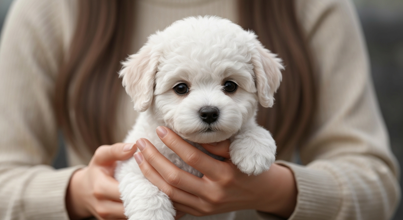 A pair of hands using a slicker brush on the fluffy white fur of a Miniature Poodle puppy on a grooming table.