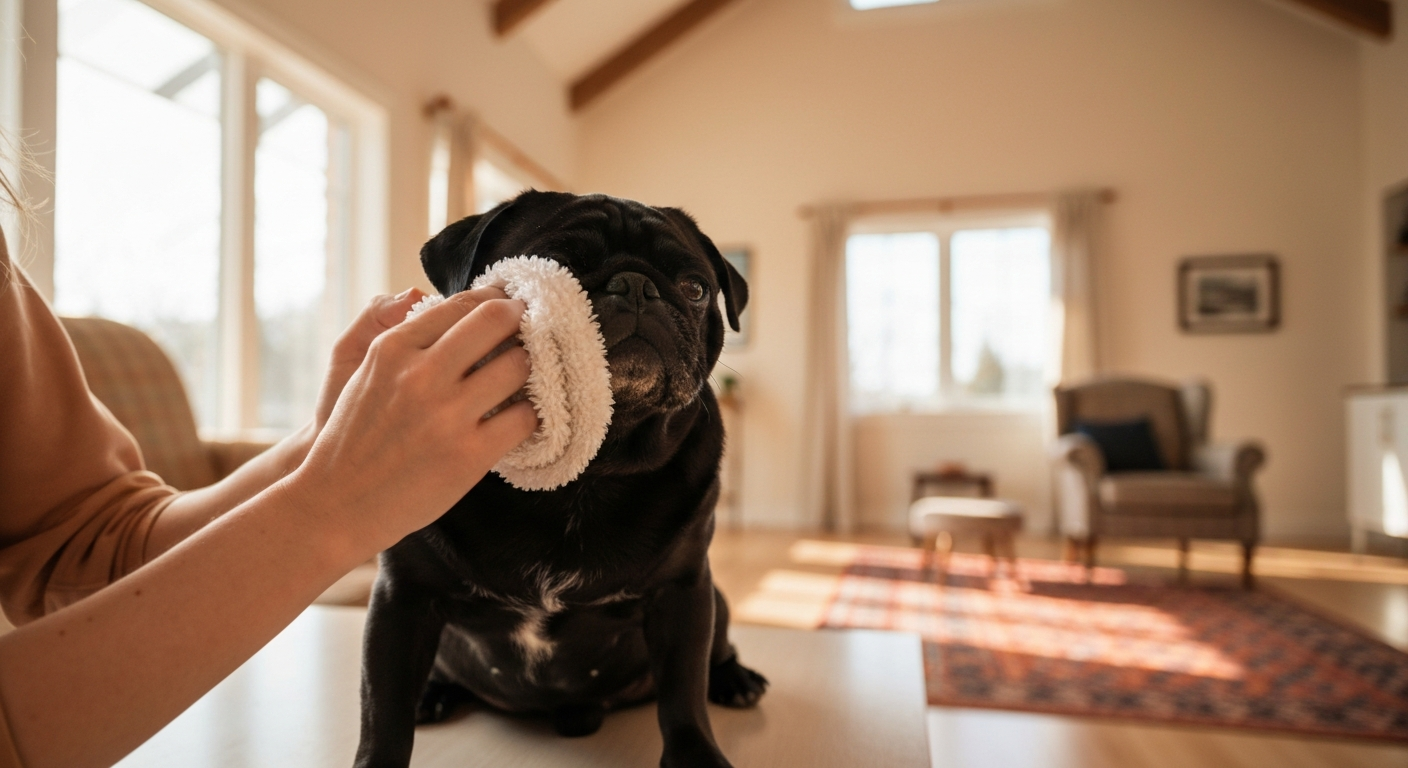 A close-up of a person using a soft wipe to clean the skin folds on a calm black Pug's face.