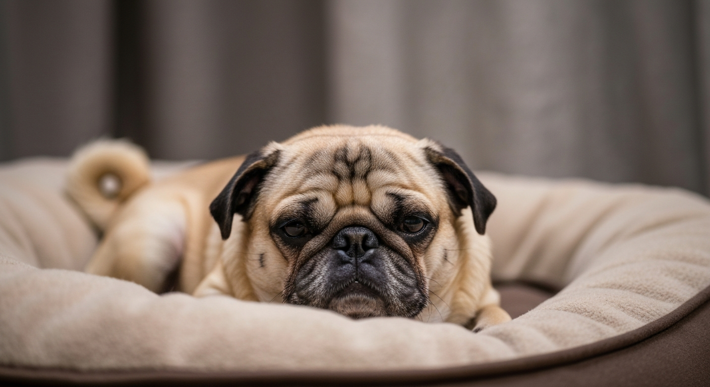A person's hand carefully cleans the deep facial wrinkles of a fawn-colored Pug with a cleaning wipe.
