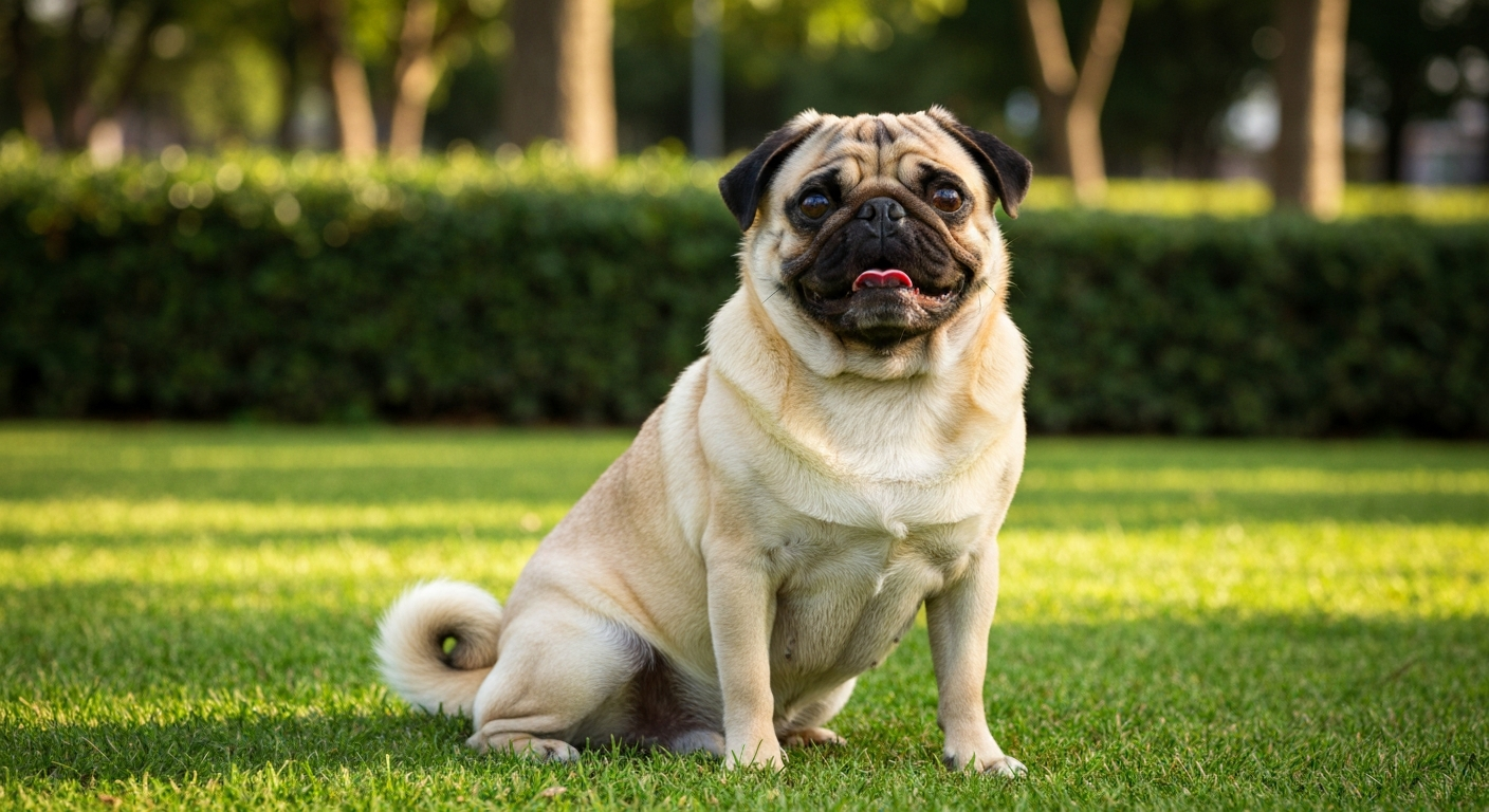 A fawn Pug dog sitting upright on green grass in a bright park during the day.