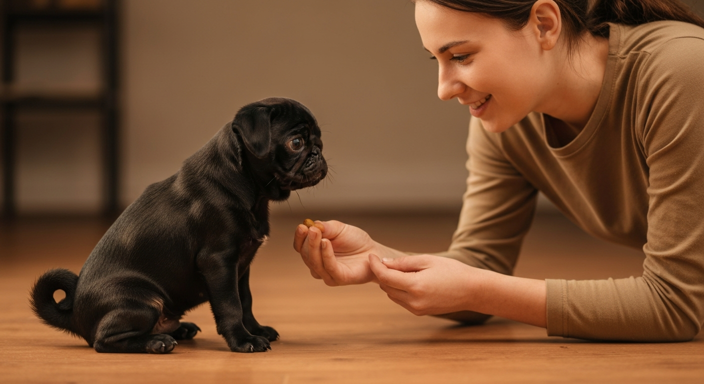 A black Pug puppy sitting on a wooden floor and looking up at a person holding a tiny treat.