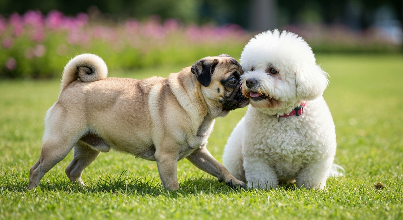 A happy fawn-colored Pug and a fluffy white Bichon Frise playing together on a vibrant green lawn under the sun.