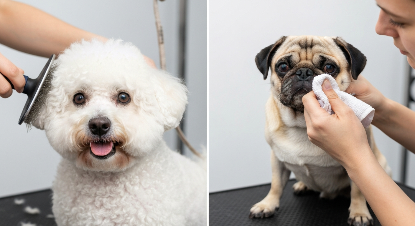 A split-screen style image showing a person combing a white Bichon Frise's curly coat on one side, and another person carefully cleaning a Pug's facial folds on the other.