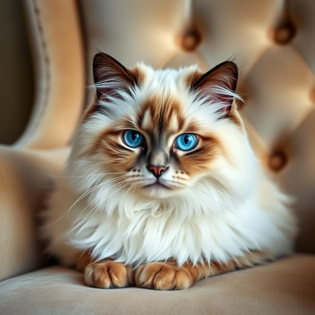 A beautiful domestic Ragdoll cat with piercing blue eyes and a soft, cream-colored coat, sitting comfortably on a deep blue armchair.