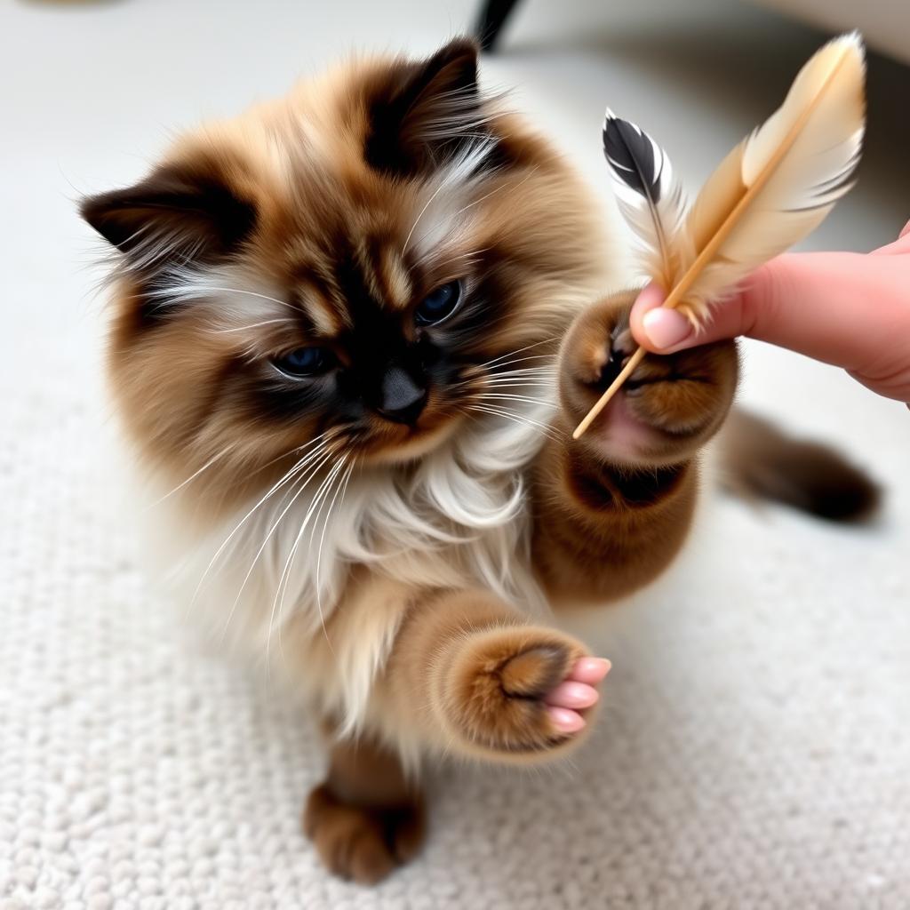 A domestic Ragdoll cat actively engaged in play with a feather wand toy, demonstrating its responsive behavior.