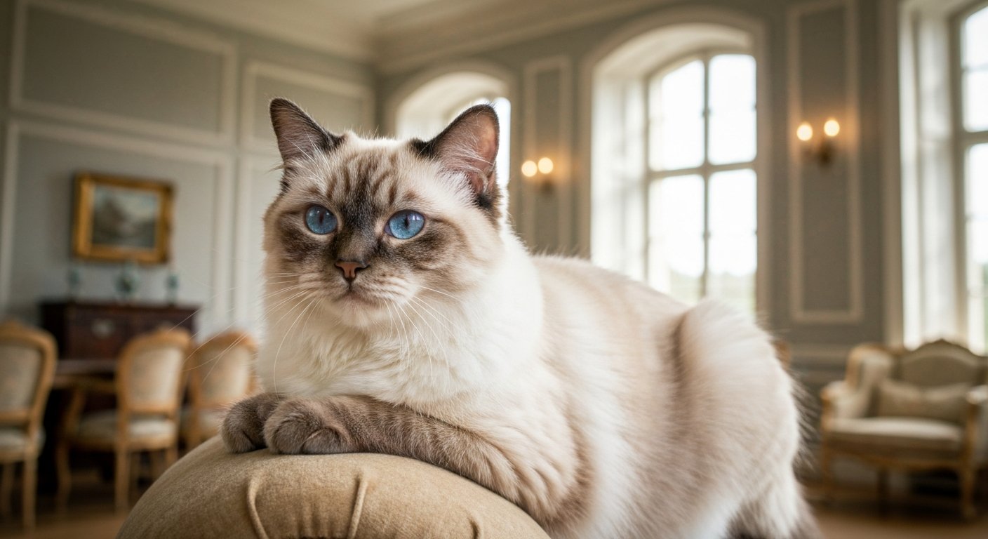 A beautiful adult Ragdoll cat with a fluffy cream and brown coat and striking blue eyes, resting comfortably on a piece of furniture in a sunlit room.