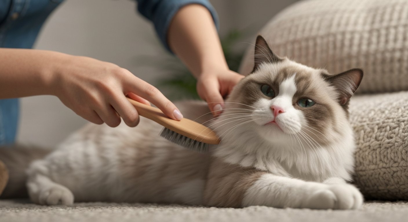 A person's hands carefully brushing the long, white fur of a relaxed Ragdoll cat.