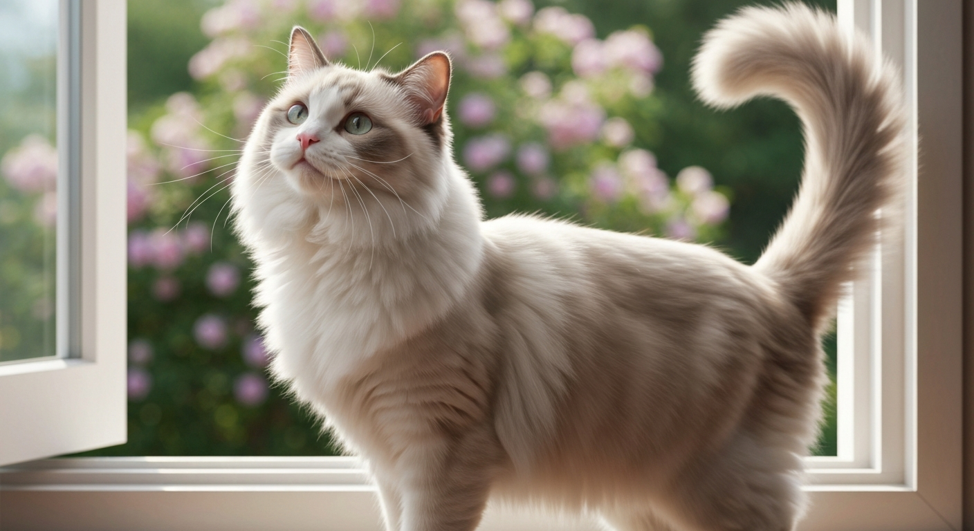 A highly realistic photography of a domestic Ragdoll cat, looking energetic or majestic.