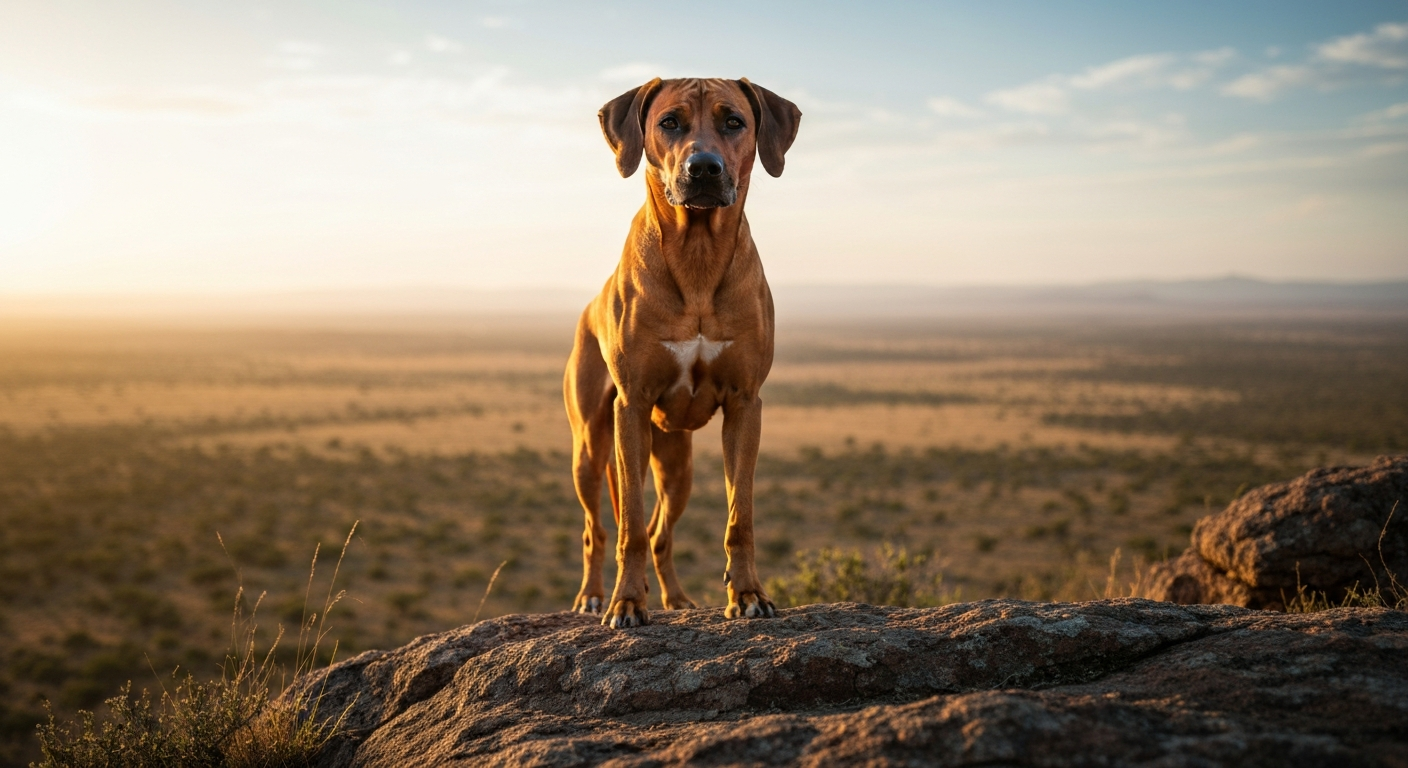 A powerful adult Rhodesian Ridgeback dog with a prominent ridge on its back, standing on a rock and looking out over a savanna at sunrise.